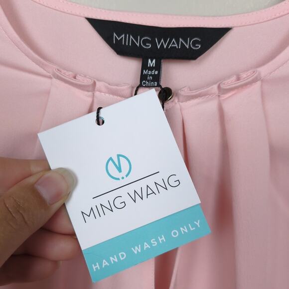 MING WANG Light Pink Blouse Keyhole Neck Ruched Bell Sleeves Women's Medium - Picture 3 of 6